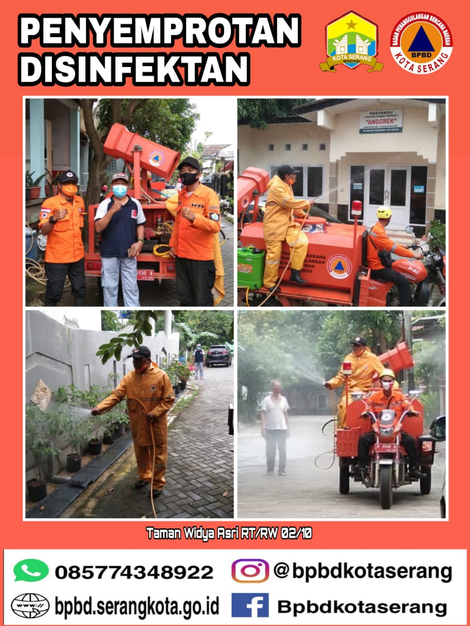 Penyemprotan Disinfektan dalam upaya pencegahan Penyebaran Covid-19 di Wilayah Kota Serang Hari Selasa 16 Februari 2021 Jam 09.00 WIB di Taman Widya Asri RT/RW 02/10 Kel. Lontar Baru Kec. Serang