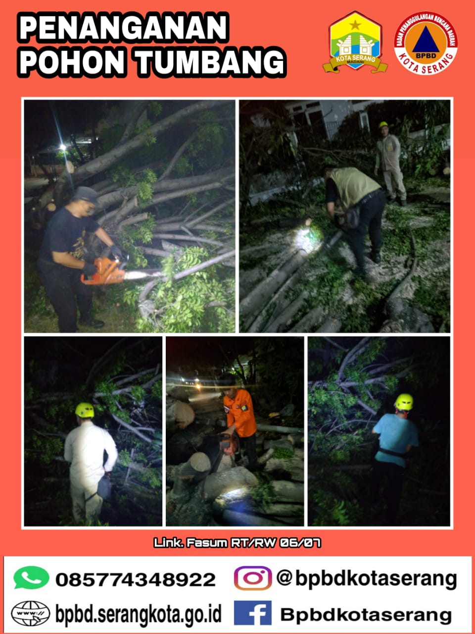 melakukan assesment dan pemangkasan pohon tumbang akibat cuaca ekstrem  pada Hari : Kamis, 01 April 2021  Jam : 08.25 WIB di Lokasi : Link. Fasum RT/RW 006/007  Depan Klinik Taman Lopang indah  Kel. Lopang Kec. Serang