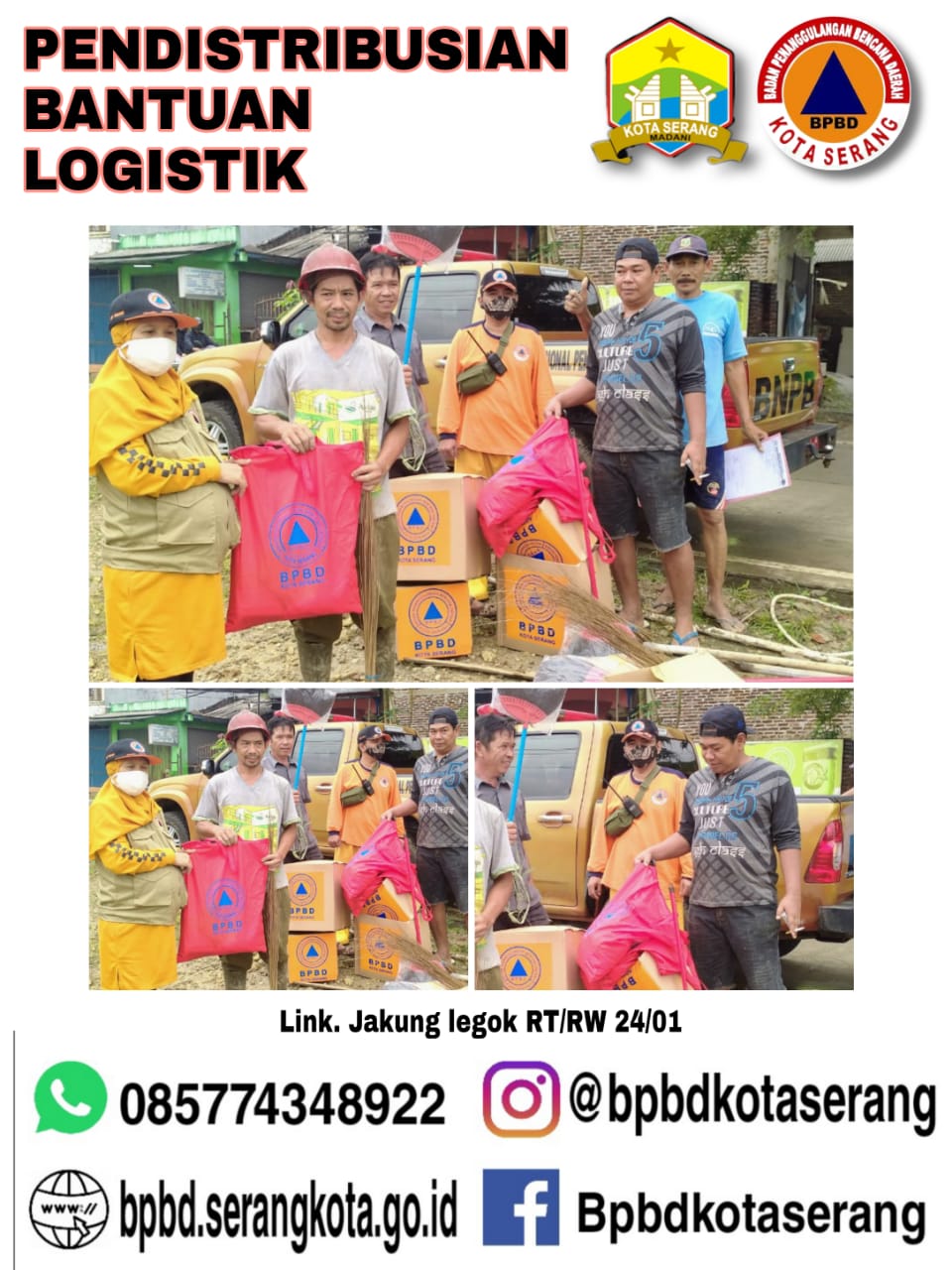 Pendistribusian Bantuan Logistik untuk Korban Bencana Angin Kencang yang mengakibatkan Rumah Roboh Hari   : Sabtu 03 April 2021 Jam  : 09.00 WIB s/d selesai   Lokasi :  1.Link. jakung legok RT/RW 24/01 Kel. Cilowong  Kec. Taktakan  Pemilik Rumah :an. Nurl