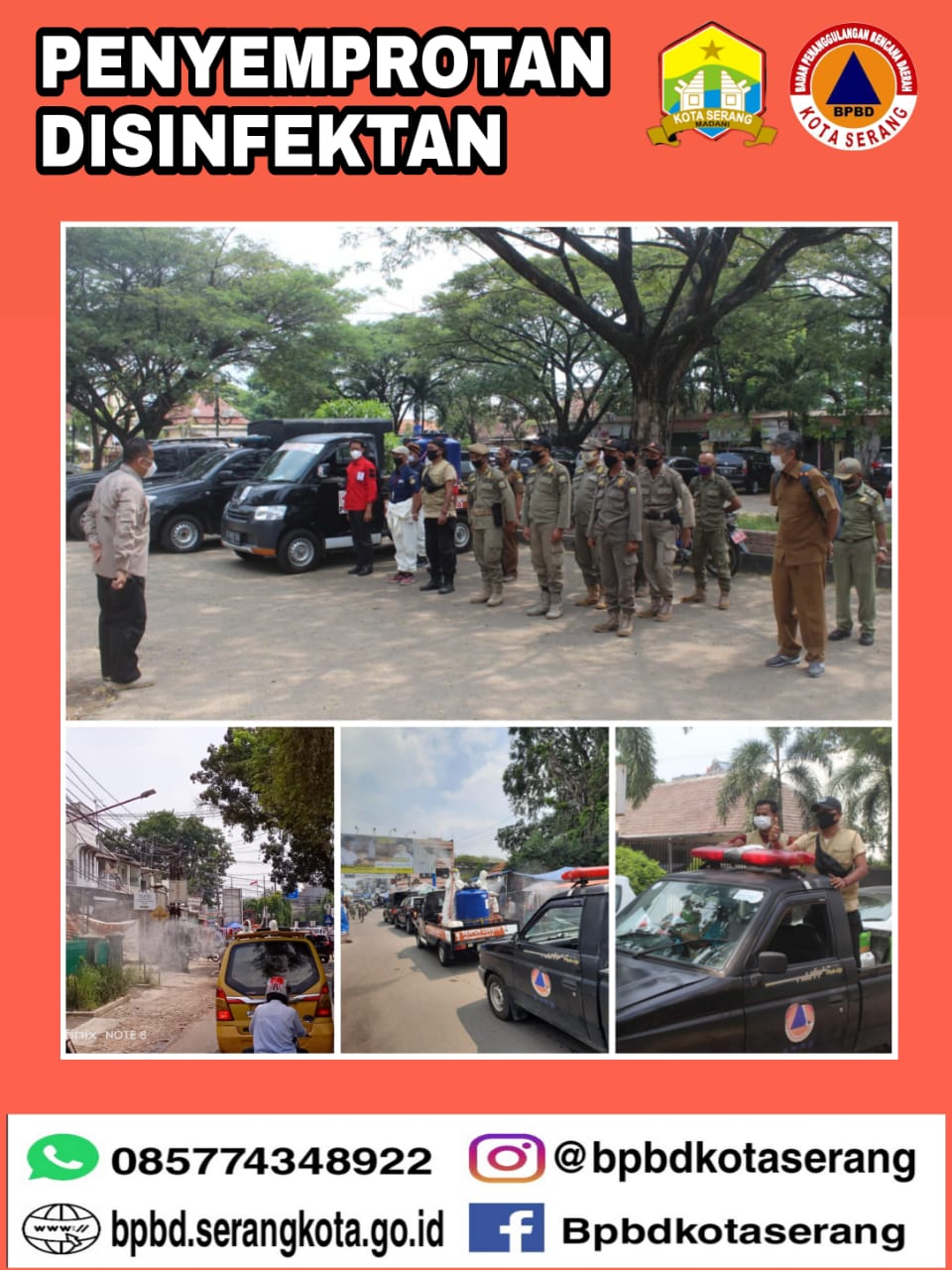 Giat BPBD Kota Serang bersama tim gabungan melakukan Penyemprotan Disinfektan dalam upaya pencegahan Penyebaran Covid-19 di Wilayah Kota Serang Hari : Senin 10 Mei 2021 Waktu  : 10.00 WIB 